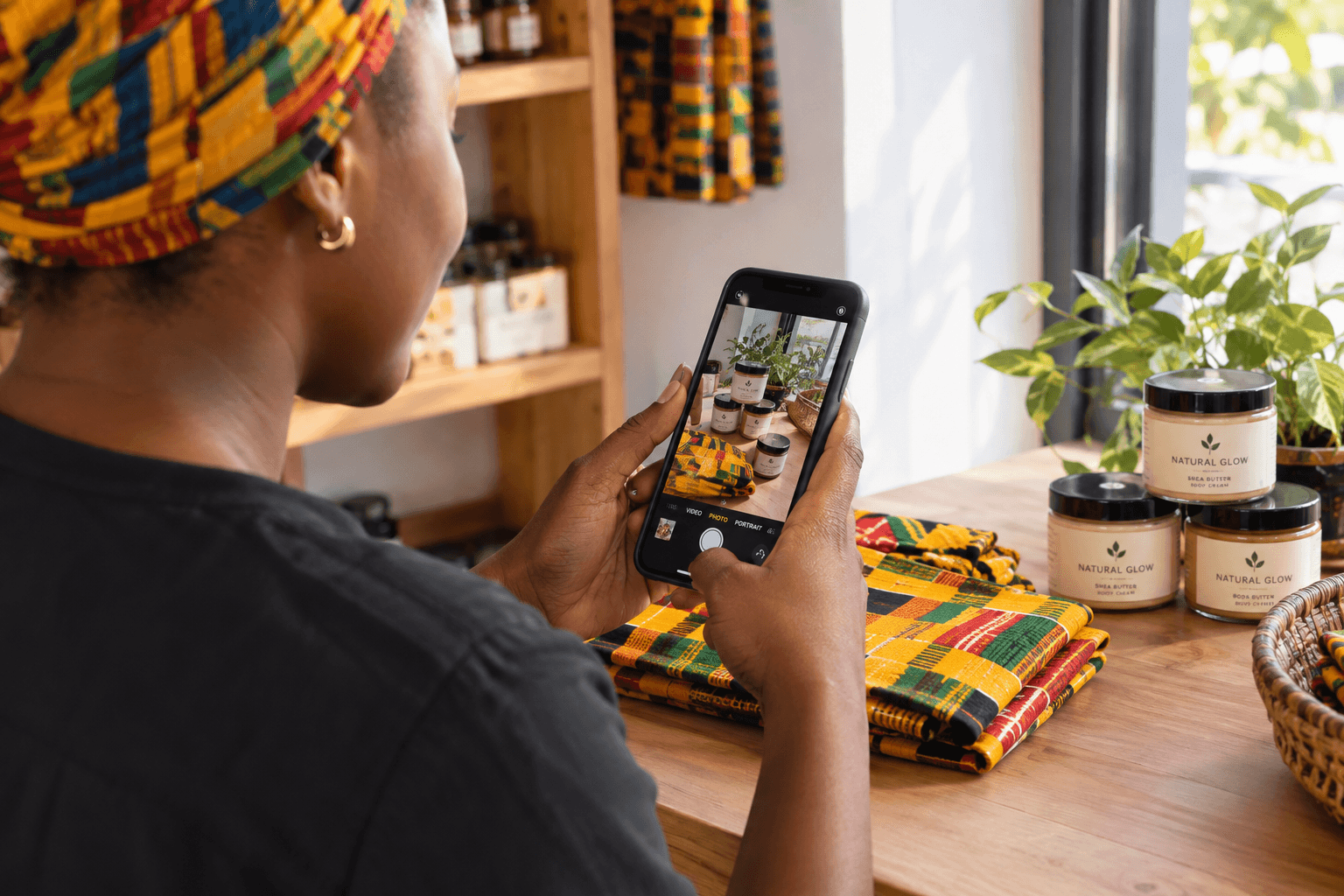 A merchant photographing her shea butter jars and kente cloth with her phone's camera